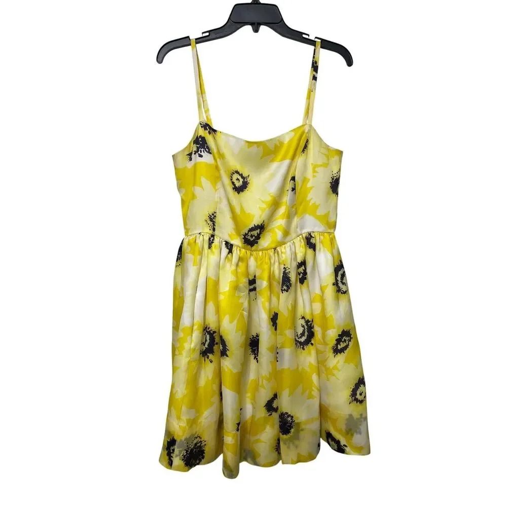 Kate Spade Sunflower Print Silk Cocktail Mini Dress Square Neck in Yellow 10